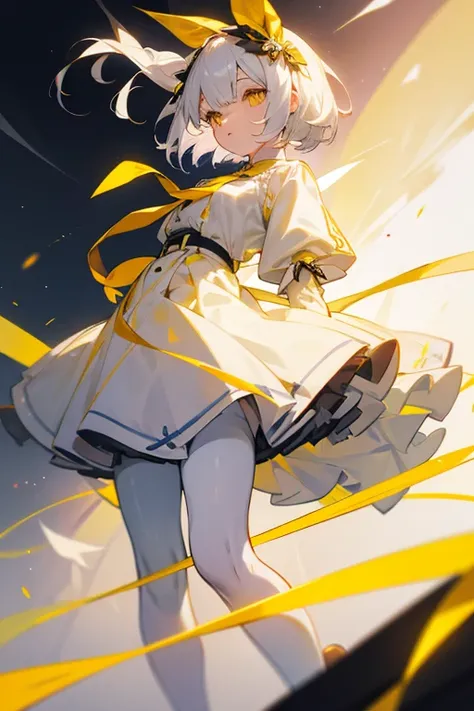 White Hair、Yellow Eyes、Bob Hair、tights、Ribbon on head、White and yellow clothes、tie、beautiful girl