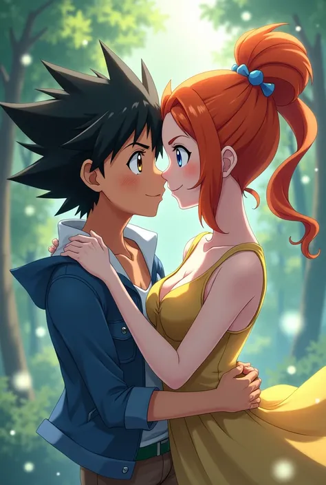 Wallpaper,masterpiece,High resolution,8K, anime 
( ash_pokemon; black hair, brown eyes,man)(Misty_Pokemon)(1 18-year-old girl)
(Orange Hair,one side up hair, close eyes,Small breasts,Skinny, beautiful smile) cute girl, siren, kiss couple,love