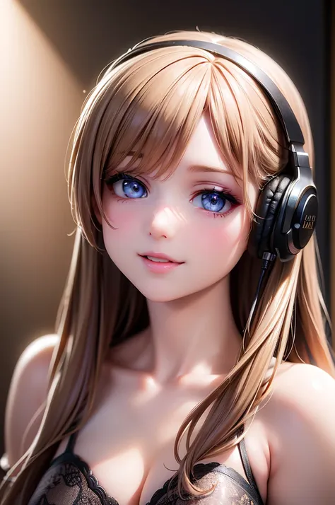 a smiling girl wearing headphones, beautiful detailed eyes, beautiful detailed lips, extremely detailed eyes and face, long eyel...