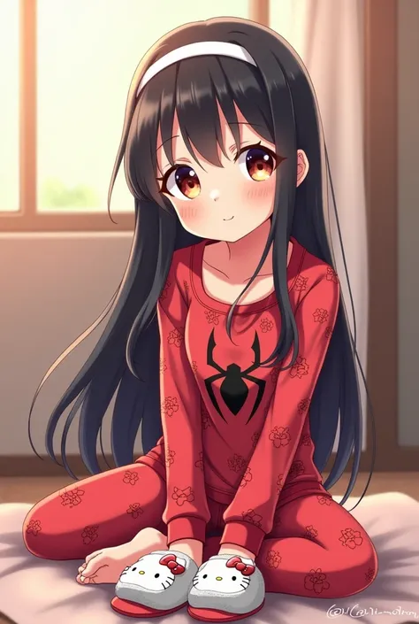 An anime girl with white skin, long black hair, a white headband, Spiderman pajamas, and Hello Kitty slippers. 