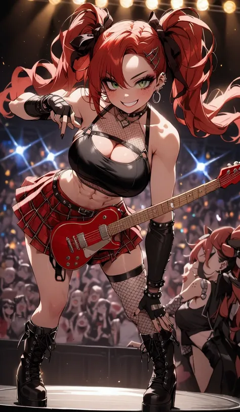 woman, grin, curly red hair in pig tails with ribbons, green eyes, black eyeshadow, wearing crop top black shirt, black jacket, red plaid skirt, black knee high boots, black fingerless gloves, exposed shoulders, large breasts, freckles, abs, cleavage, look...