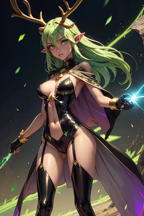 prismatic coloration, holographic environment, young African girl, Deep black skin, Beautiful, elven ears, serious glare, Neon green hair, Heterochromia with deep one eye green & one eye Gold, C-cup breasts, lithe, fit, form-fitting bodysuit with a deep ne...