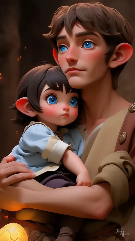 An adult female dark-haired Lightfoot Halfling with blue eyes, wearing a linen shirt, embracing a tall man with draconic features and red eyes