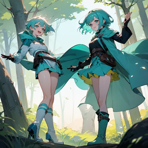 woman, female, Azure hair, short hair, curly, medium hair, aqua hair, aqua eyes, pale skin, glamorous, hood, cloak, mini skirt, long boots, belt, waist bag, with a scar, glamorous, gloves, hood, fantasy, Solo, laughing, happy, wink, outside, in the forest