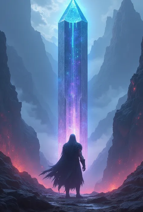 An adventurer guy is facing a colossal crystal the size of 3 skyscrapers in a mountainous area with cosmic aura. The crystal looks cosmic and so does the area. Make the area and Crystals glow very intense blue, purple, and scarlet. Make the perspective lik...