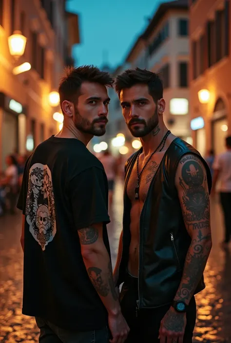 The protagonists close-up multi-angle shooting.Midnight, street in Rome, two handsome young Italians, short hair, gay art, one wears a shirt with a beard on the back, the other wears a leather vest with tattoos, ambiguous atmosphere, film texture, ground r...