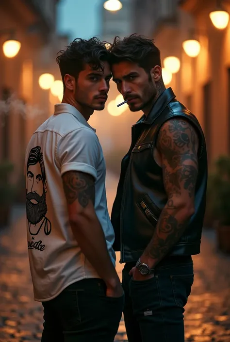 The protagonists close-up multi-angle shooting.Midnight, street in Rome, two handsome young Italians, short hair, gay art, one wears a shirt with a beard on the back, the other wears a leather vest with tattoos, ambiguous atmosphere, film texture, ground r...