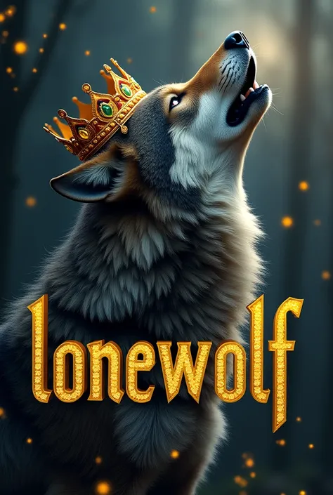 capital typografi font written "LoneWolf" bold,artistic,with a howling wolf beside it,with a crown on top of it,,and yellow diamonds 