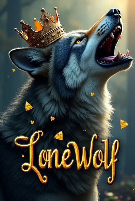 capital typografi font written "LoneWolf" bold,artistic,with a howling wolf beside it,with a crown on top of it,,and yellow diamonds 