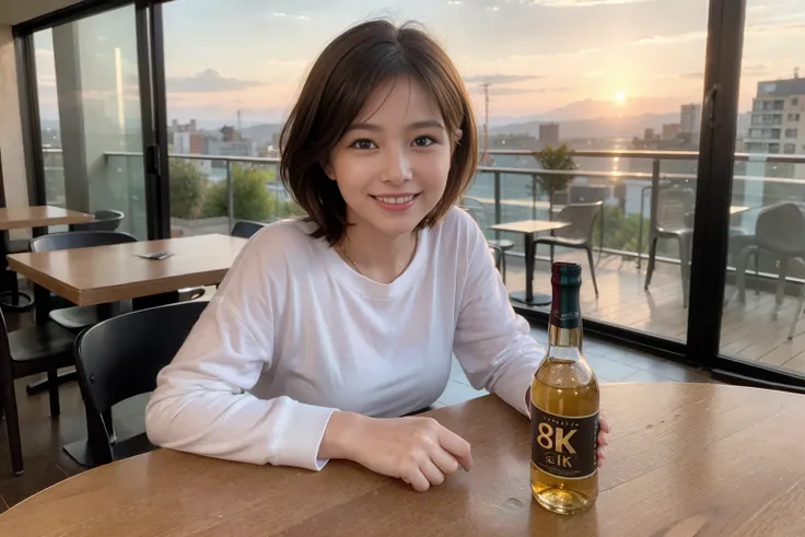 ((Highest quality、8k、masterpiece:1.3))、slimカップル、modelカップル、(Realistic, Intricate details:1.2), full-course dinner、Whiskey bottle and glass on table、Single Malt、scotch、Shot Glass、on the rocks、Scotland、Amazing view of the sunset sky and clouds、A bright smile、...