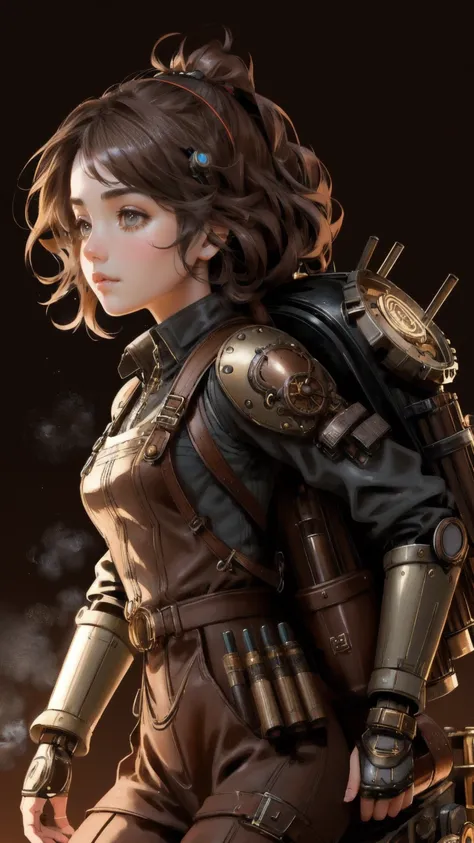 Create an ultra-realistic image with a brown background, featuring a beautiful, cute girl in a steampunk-themed outfit. Replace the original robot character with the girl, ensuring she has mechanical elements like gears, tubes, and a steam-powered backpack...