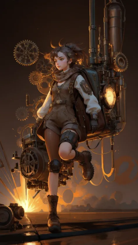 Create an ultra-realistic image with a brown background, featuring a beautiful, cute girl in a steampunk-themed outfit. Replace the original robot character with the girl, ensuring she has mechanical elements like gears, tubes, and a steam-powered backpack...