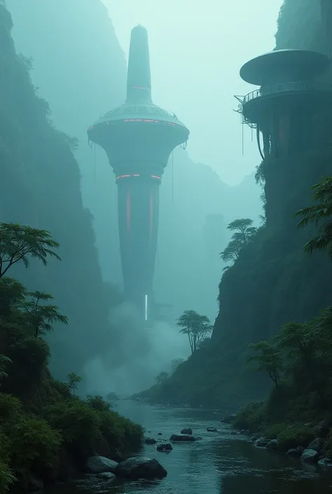 A landscape size  banner cyberpunk extra terrestrial rain forest with extraterrestrial alien architecture with aliens in the forest mist smog and fog with digital uv glowing lightings twilight  blury cinematic lightings all in the forest floating  photorea...