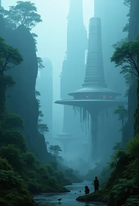 A landscape size  banner cyberpunk extra terrestrial rain forest with extraterrestrial alien architecture with aliens in the forest mist smog and fog with digital uv glowing lightings twilight  blury cinematic lightings all in the forest floating  photorea...