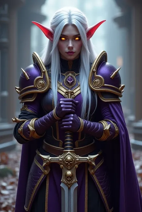 Game Theme World of Warcraft Image of a 32-year-old white-haired elf standing holding her favorite sword,dark black Skin,blood elf Paladin Wow, Long elf ears, glowing Golden eyes, Dark Purple and Gold Armor, Dark Purple Pauldrons, Purple skull Pauldron, Go...