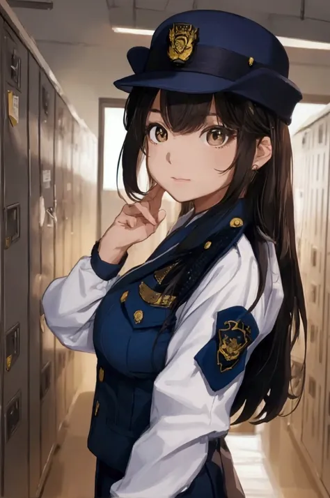 (ultra highres、ultra quality、Masterpiece、8k、),A girl with light  hair drawn in high resolution policewoman.japannse police woman、Young and cute 、Asian woman,s hot, Japanese Model, Cute Core,  , Chubby 、(big breast)、locker room、White blouse