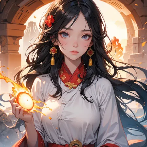 A beautiful girl with black long hair, wear white ancient chinese clothes, with the sun shining on her face, close up.

Background is a volcano, lava erupting red