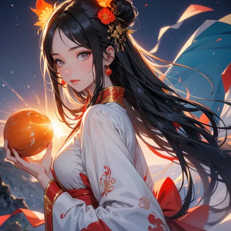 A beautiful girl with black long hair, wear white ancient chinese clothes, with the sun shining on her face, close up.

Background is a volcano, lava erupting red