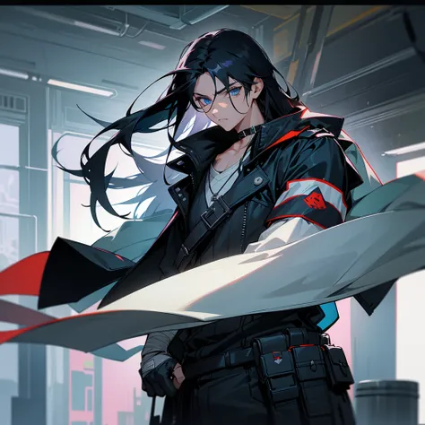 black hair, long hair, straight hair, male, man, blue eyes, tall, wiry, jacket, choker, armband, long boots, belt, waist pouch, with a black bandage, delicate facial features, toned, cyberpunk, inside, in the subway, determined, half body photo, upper body...