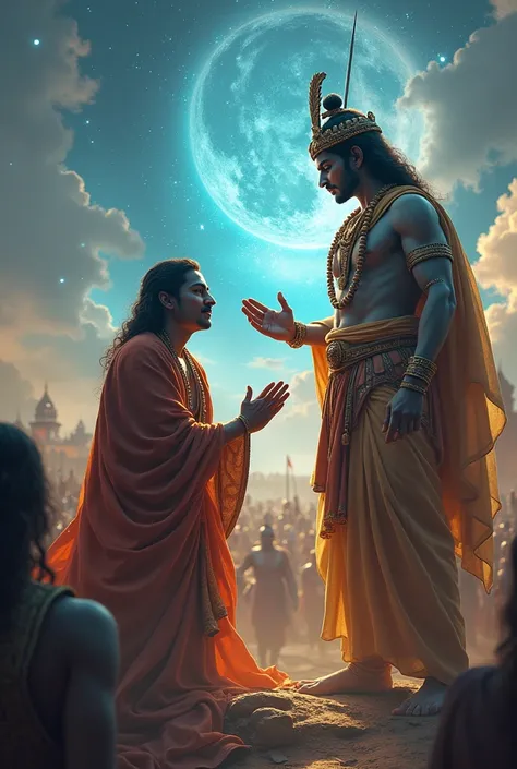 ((Shri krishna in his best ancient Hindu warrior attire , universe form, giving knowledge of Geeta to Arjun, Arjun is the greatest warrior , muscular , bend in knee  warrior attire like dhoti and  shield like attire,Arjun is looking to him with surprise wa...