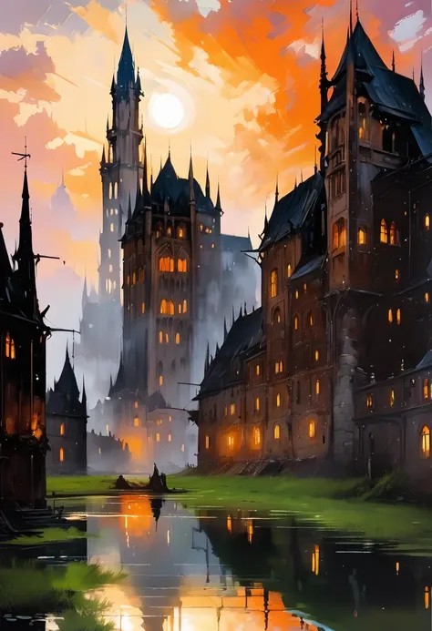 masterpiece,high resolution,best composition,cinema style,summer landscape,medieval european castle,sunset over the spires,reflection of the castle in the pond,orange clouds,dynamic and breathtaking,fantastic,peaceful and beautiful scenery.