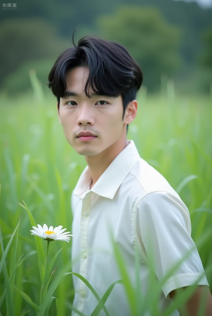 1boy, male focus, 独奏, shirt, flower, outdoors, black hair, looking at viewer, white shirt, upper body, day, collared shirt, realistic, blurry background, short sleeves, black eyes, short hair, white flower, flower field, grass, lips, nature，18years，Reality...