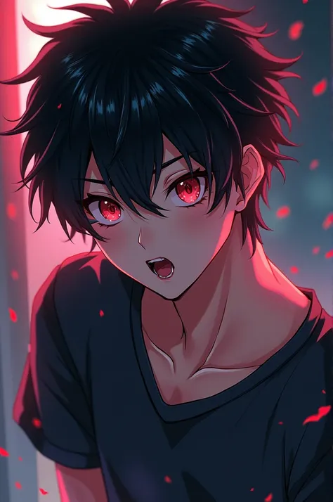 Boy, about , messy black hair, red eyes, wearing a t-shirt that reveals his six-pack abs, fangs right at the corner of his mouth. Anime style