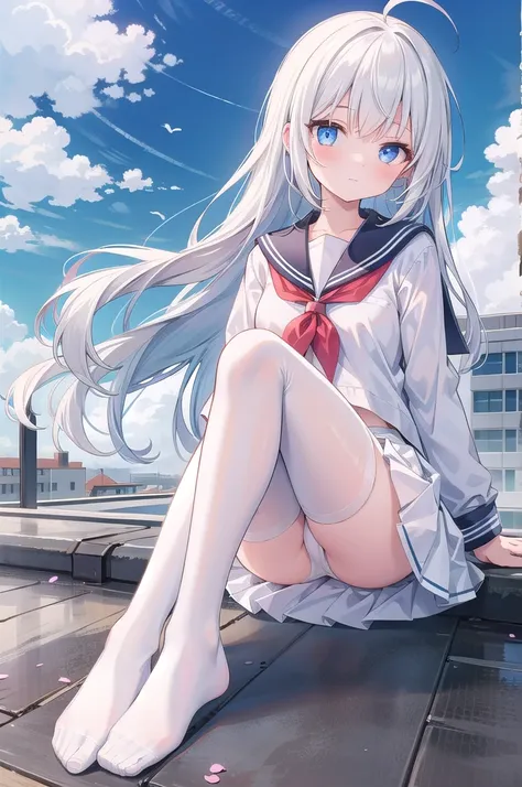 (masterpiece, best quality), a girl, solo, skirt, sky, sitting, pantyhose, serafuku, cloud, outdoors, neckerchief, day, bangs, shirt, ahoge, rooftop, long hair, white pantyhose,white hair, white school uniform, white sailor collar, blue eyes, sailor collar...