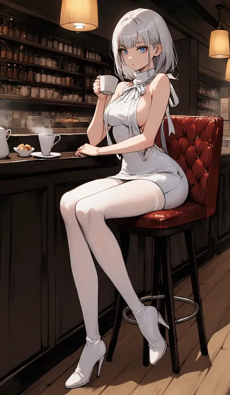 woman, stoic, straight silver hair, blue eyes, wearing virgin killer turtleneck sweater, pencil skirt, white long boots, medium breasts, eyelashes, panty hose, (full body), exposed shoulders, sitting on chair drinking coffee in a restaurant, scar on face, ...