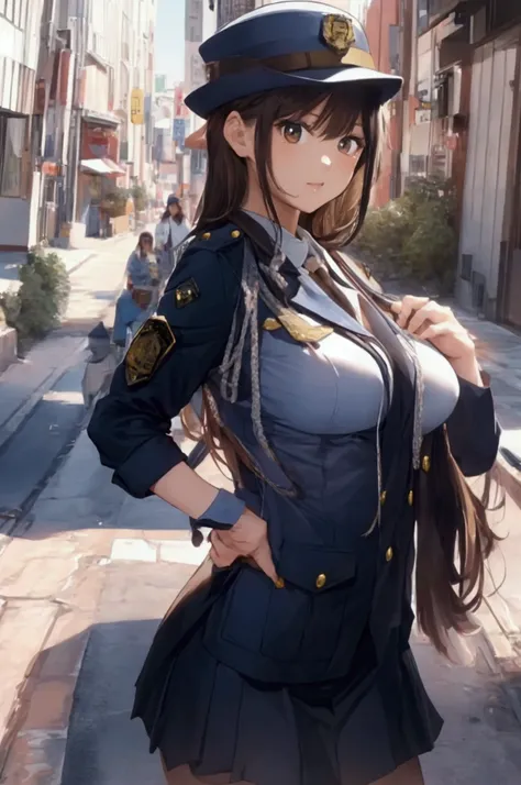 (ultra highres、ultra quality、Masterpiece、8k),A girl with light  hair drawn in high resolution policewoman.japannse police woman、Young and cute 、Asian woman,s hot, Japanese Model, Cute Core,   Chubby、wear a hat 、big breast、Town、White blouse