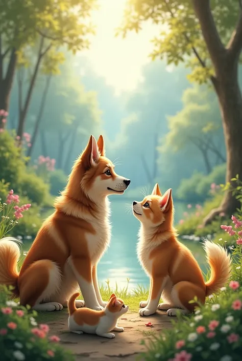 Thumnails of picture of dogs with cats and very beautiful nature background
