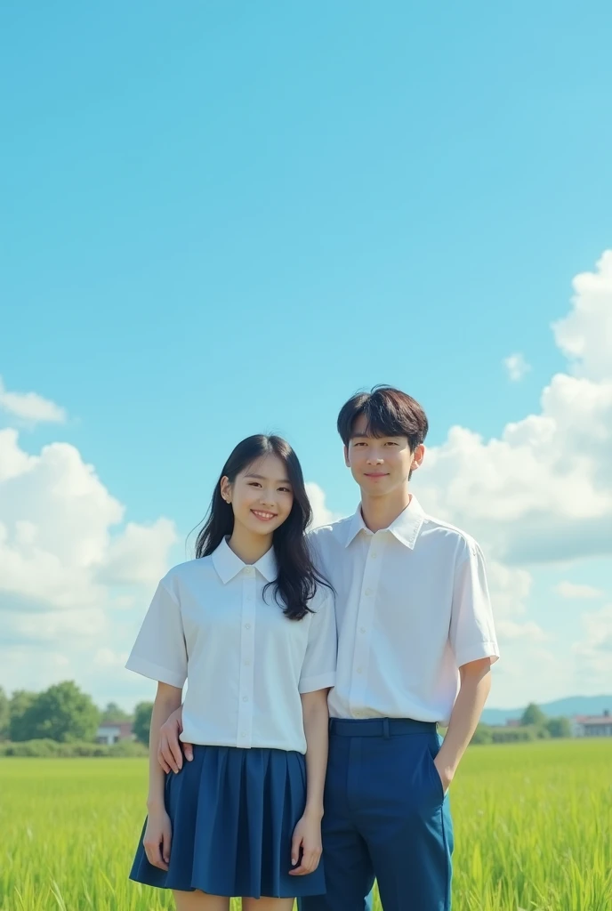 Chinese high school students，Couple，Wearing a white school uniform top，blue sky，grassland，Reality，Realistic Photography