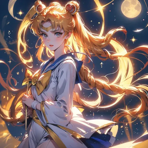 portrait of sailor moon Usagi Tsukino, big wings, golden tone, huge moon in the background, golden sparkle, beautiful dress