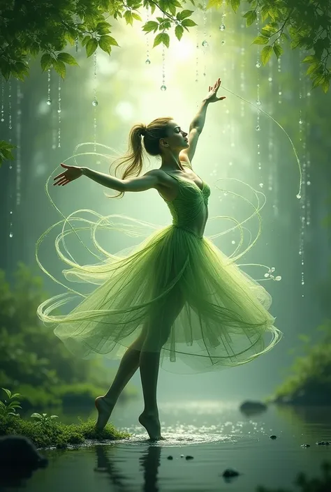 delicate, intricate leaf veins resembling delicate brushstrokes, as tendrils of foliage swirl around the figure, blurring the lines between dancer and environment, against a backdrop of gentle, glistening raindrops