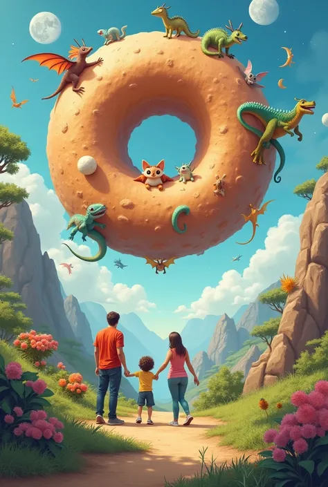 A donut shaped planet with a moon in the middle on which three people , two men and a woman having fun with cute animals , dinosaurs and dragons