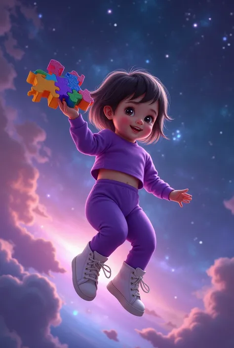 short hair baby Girl in a purple crop top Shirt and purple leggings and white high cut shoes Floating in space playing Puzzle