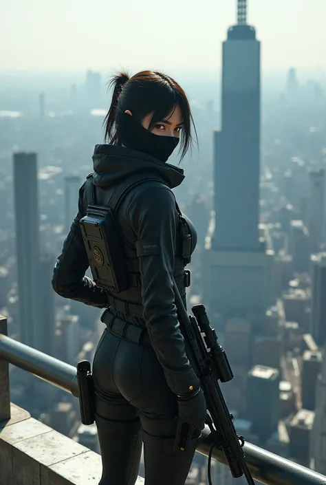 A Japanese female sniper wearing a cloth mask stands on the rooftop of a high-rise building.