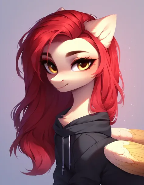 (work of art, Maximum quality, best qualityer, offcial art, beautiful and aesthetic:1.2), A pony with a long red mane, long straight red hair, Caucasian skin, gold eyes, Pegasus wings and a black sweatshirt.