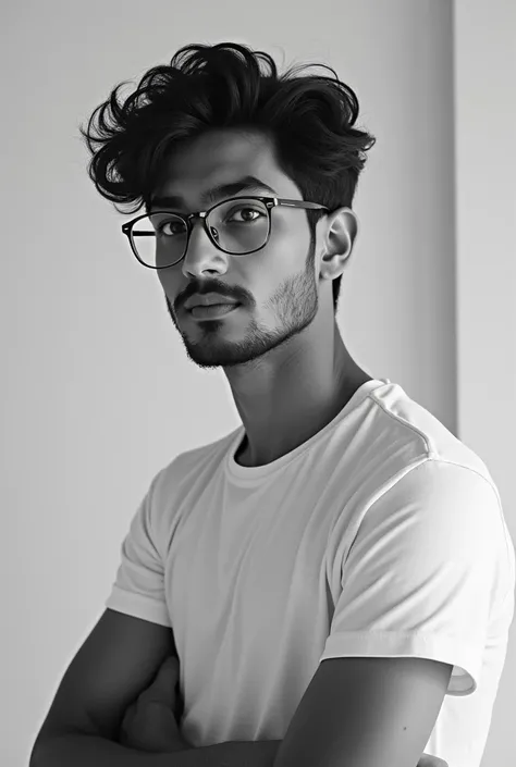 21 year old Indian boy with fair skin wearing spectacles and narrow body posing for a picture 