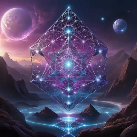 create a digital landscape of an ethereal, futuristic world where arcturian energy grids form a glowing, intricate web across th...