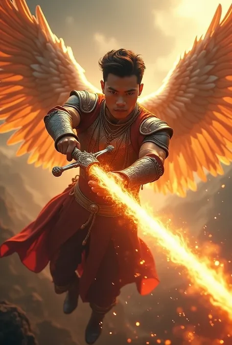 masterpiece, best quality, realistic, ultra detailed, movie poster style, dungeons and dragons character design, celestial, cute bruneian man with round face, soft facial features, muscular, stylish dark hair, majestic white angel wings, homoerotic heavy a...