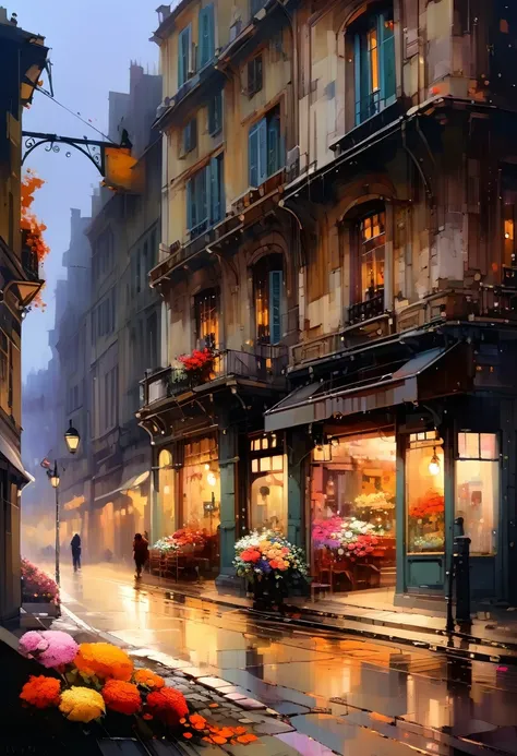 masterpiece,high resolution,best composition,cinema style,autumn landscape,old Parisian street corner,florist shopfront,beautiful colorful flowers,brick paved sidewalk,gaslight,stylish atmosphere,serene atmosphere