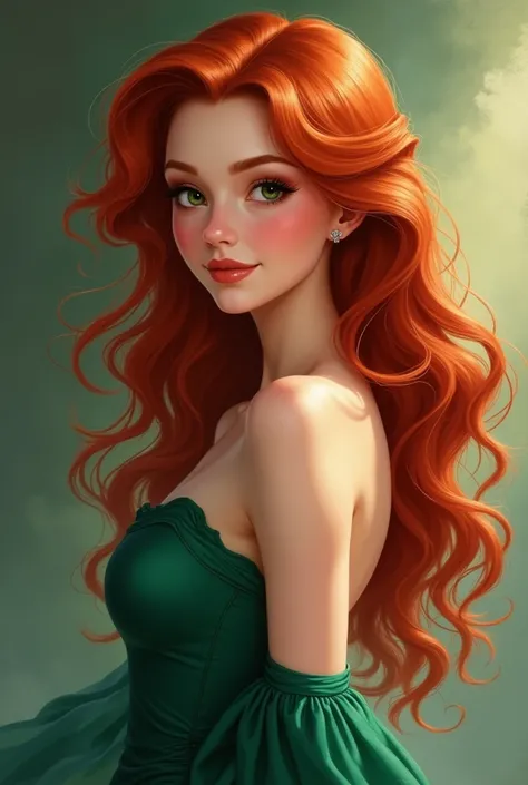 Imagine a woman with striking, vibrant red hair that cascades in loose waves down her shoulders. Her hair catches the light, revealing rich tones of auburn and copper. She has a fair, porcelain complexion with a hint of a rosy blush, which contrasts beauti...