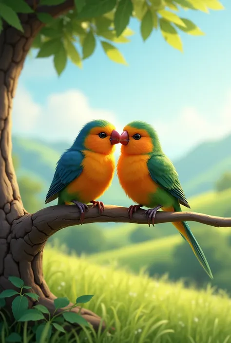 Two birds kissing in a tree branch on a hill