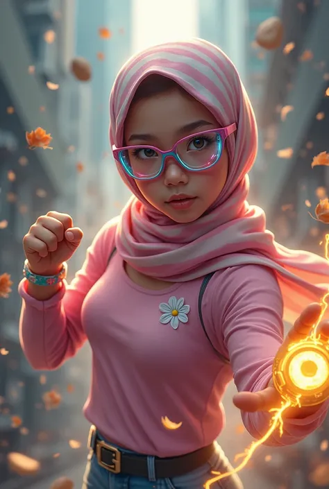 Malaysia women a realistic masterpiece. Human .wear pint watch.. 1girl wearing a hijab, detailed beautiful face, Hijab Muslim. Wear long sleeve moder design pink white pink stripe white. anger face, minimalist flower on shirt. Enger face. Open mouth. Glowi...