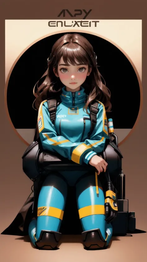 Generate a hyper-realistic image with a brown background, replacing the robot character with a beautiful, cute girl in a futuristic, tech-savvy outfit. She should be in a similar kneeling position, meticulously applying duct tape to a pipe, just like the o...