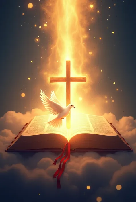 Bright Light shone from Bible with the cross in the middle and holy spirit on top of the cross like a dove, and write boldly "Light Walkers church" on the top, heavenly background 