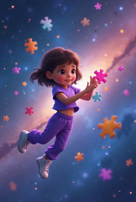 short brown hair 10 year old Girl in a purple crop top Shirt and purple pants and white high cut shoes Floating in space playing Puzzle