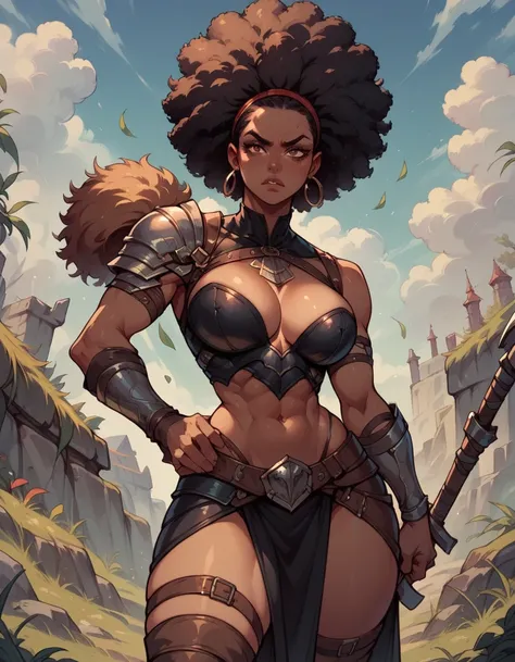 a short and thin black woman with big breasts and afro hair without clothes barbarian class using her ax sensual poses