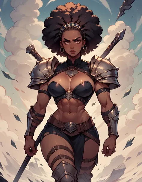 a short and thin black woman with big breasts and afro hair without clothes barbarian class using her ax sensual poses